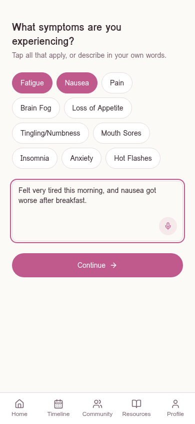 Our Path symptom logging screen