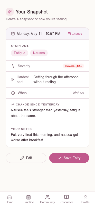Our Path entry snapshot with severity, timing, and notes